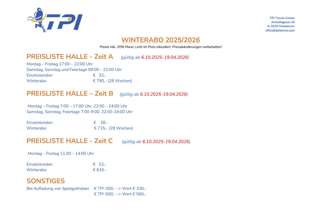 Winterabo Tennishalle Hollabrunn TPI Tennis