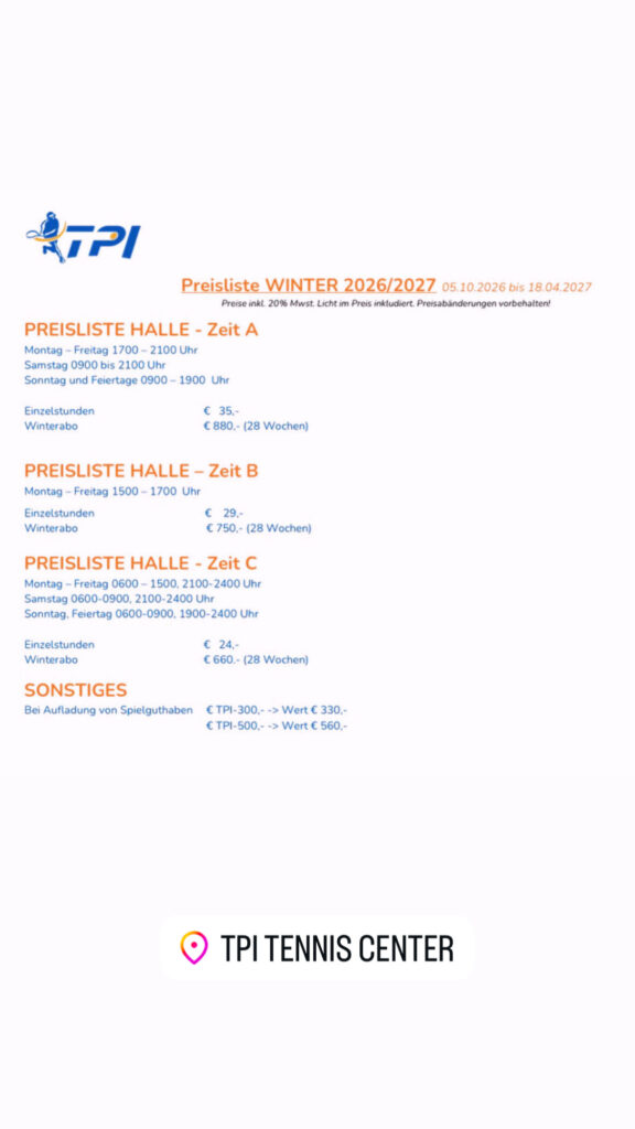 Winterabo Tennisabo Preise Winterpreise Saisonpreise Hollabrunn TPI Tenniscenter Tennishalle